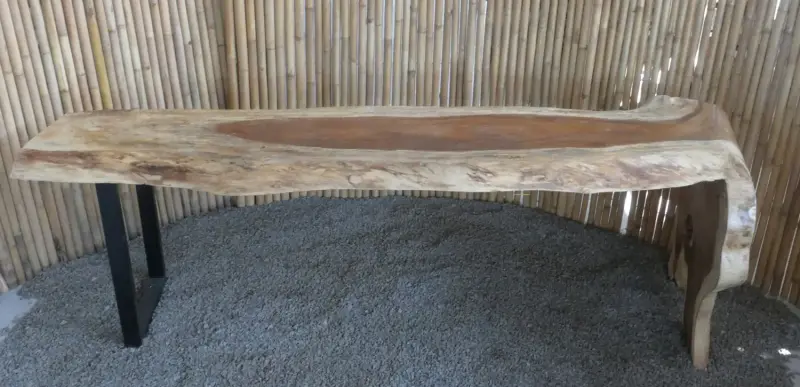 Product image of the product “Unique Bar table from one piece of suar wood, including the part of root as foot, approx. 300cm lenght, 80cm width, and 100cm height. The shape may vary. ”